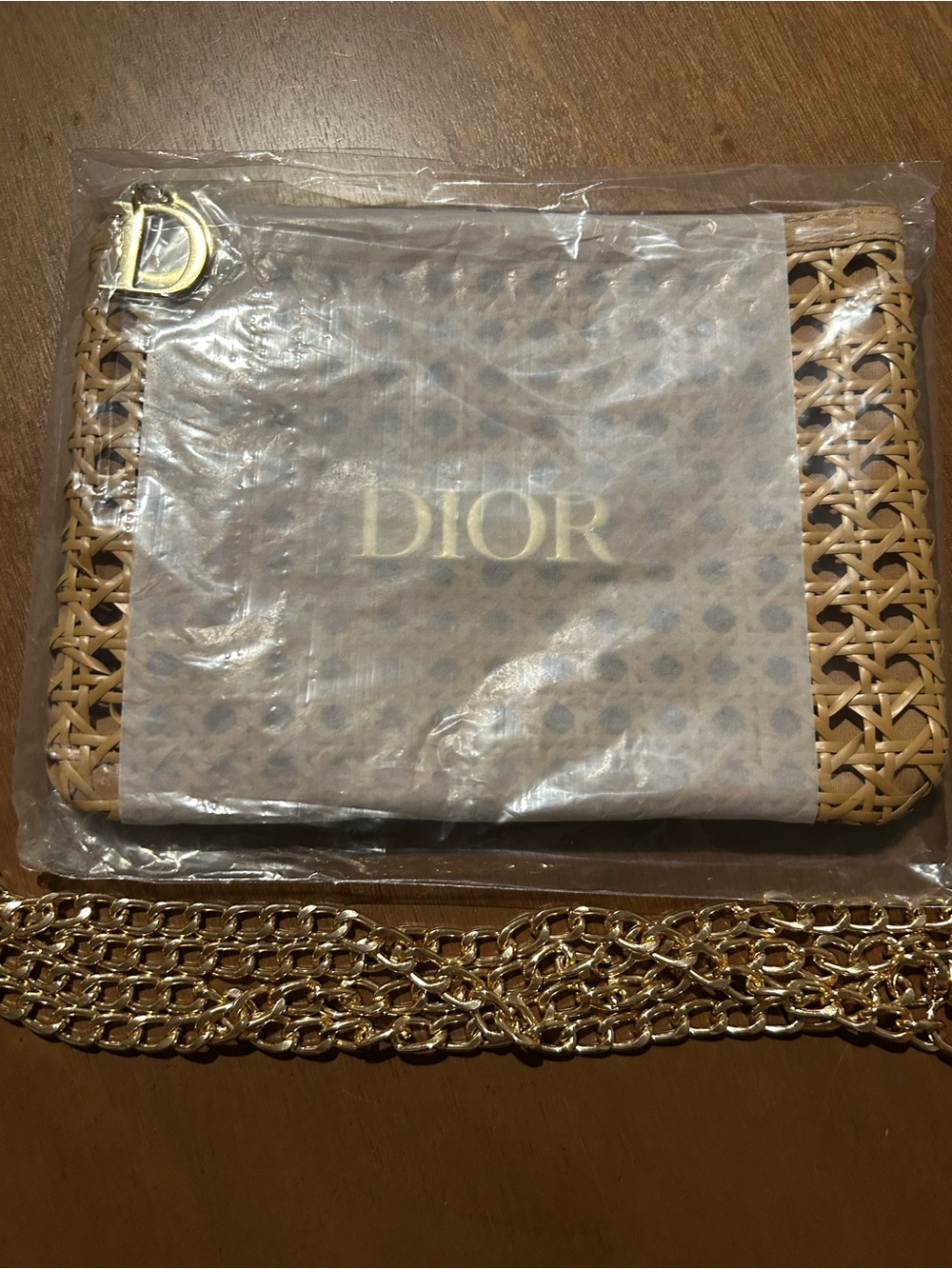 Dior Beige Woven Card Holder with Gold D Charm and Chain VIP GWP